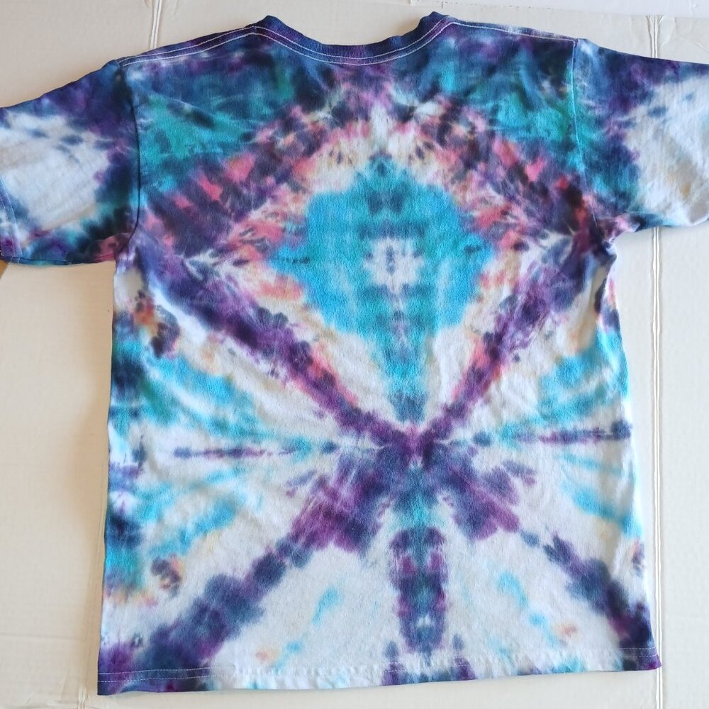 Tie Dye T-Shirt Off Center Diamond Pattern Blue Purple Orange Pink Kid's Large - Picture 12 of 16